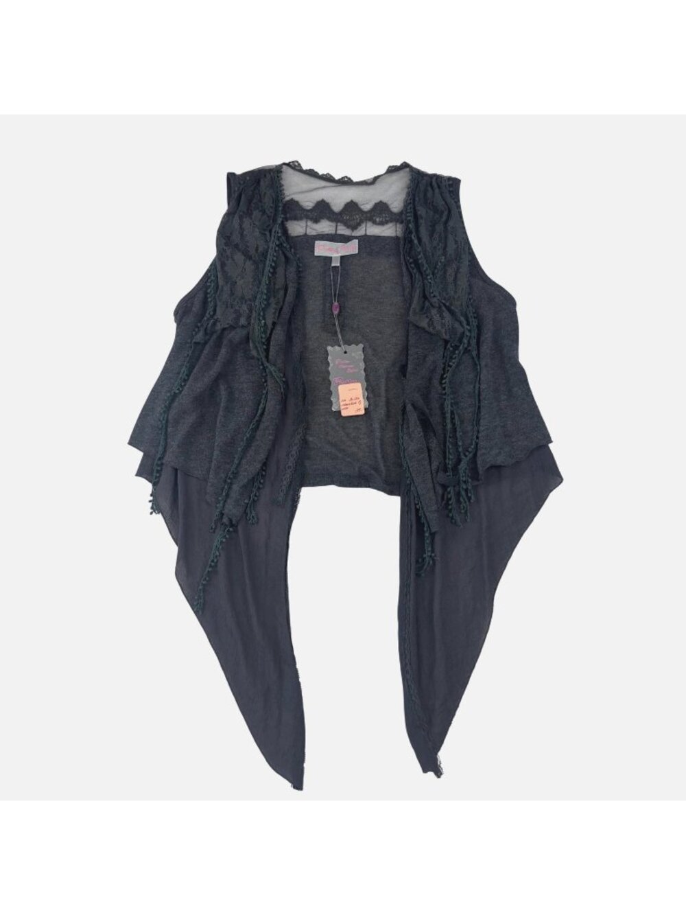Pretty Angel L Gray Sleeveless Lace & Fringe Drape Vest Top Romantic Boho Fairy
